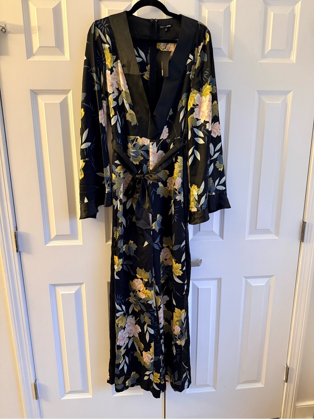 Floral Satin Wrap Jumpsuit Romper in Black with Yellow & Pink Bloom